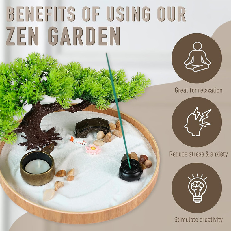 Japanese Zen Garden for Desk - Zen Garden Sand Kit, Artificial Bonsai Tree, Rake gallery
