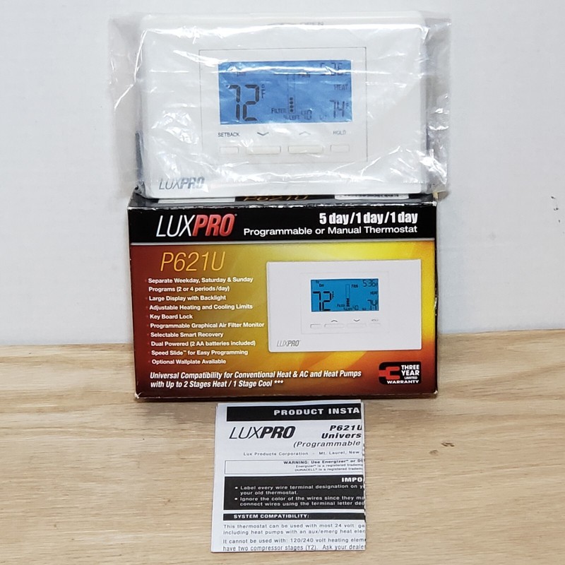 LuxPro P621U Thermostat for Heat & AC and Heat Pumps 2 Stages Heat 1 Stage Cool