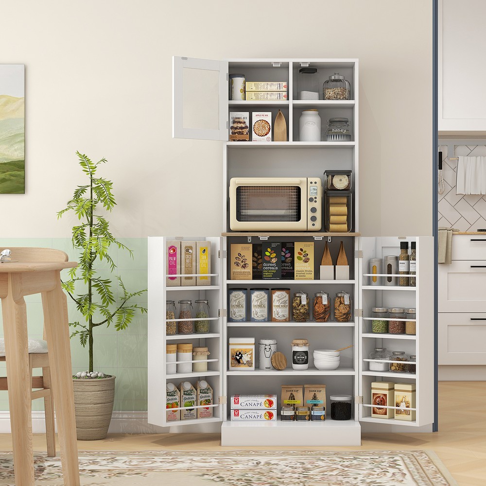 HOMCOM 66.5″ Tall Kitchen Pantry Storage Cabinet with Microwave Stand White