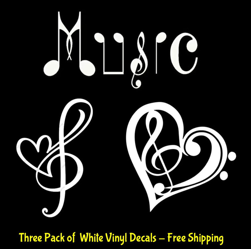 Music Note Heart Love 3 Pack White Vinyl Decal Car Window Laptop Tablet notebook