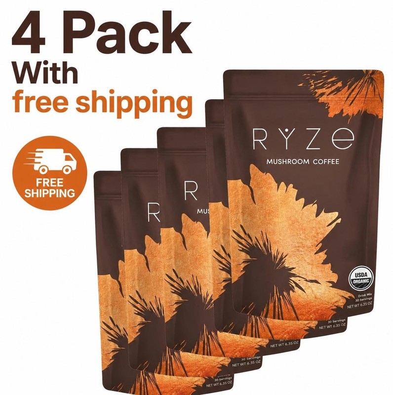 4 Pack Organic Ryzee Mushroom Coffee, 30 Servings Each Bag , Free Shipping