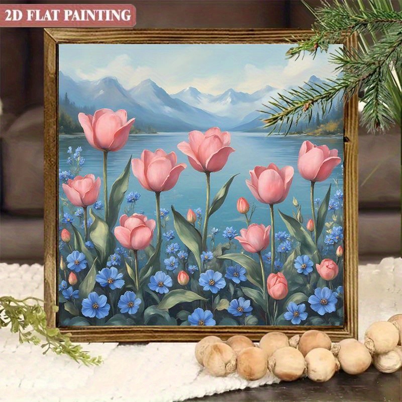 Pink Tulip Blue Forget Me Not Mountain Lake Landscape Square Wooden Plaque Decor