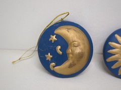 Ceramic Celestial Sun & Moon Ornament Set Blue & Gold 3″ Across Double Sided 3D