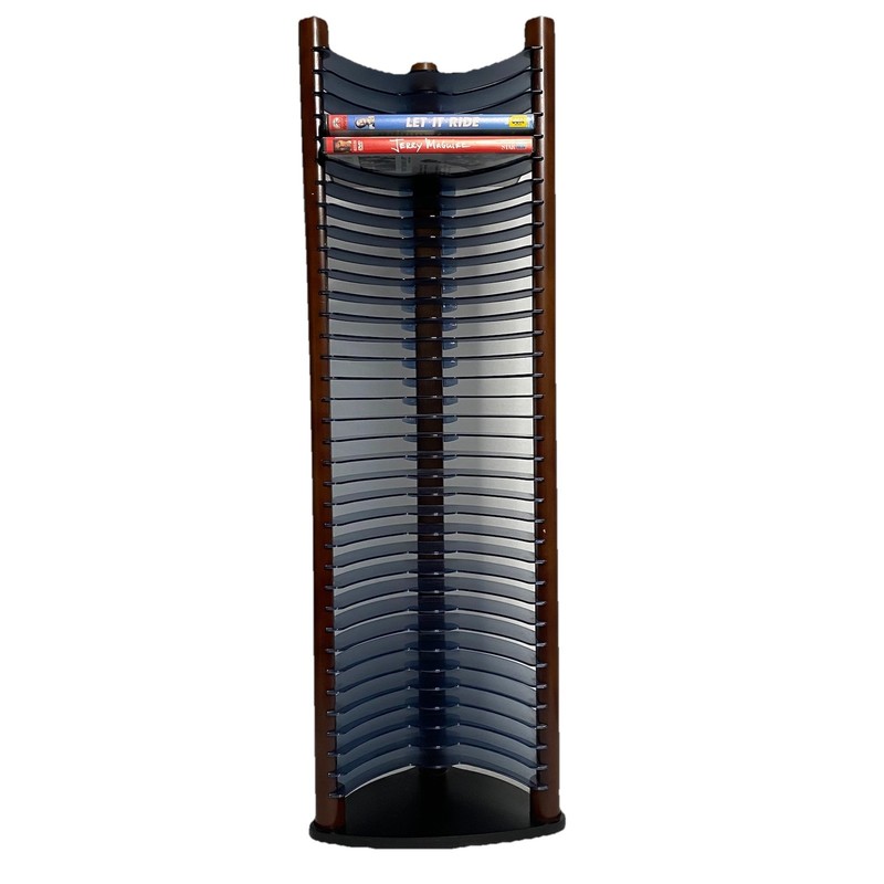 Vtg Atlantic DVD Storage Tower Rack Holds 35 DVD’s Red Wood Pillars w/ Blu Slots