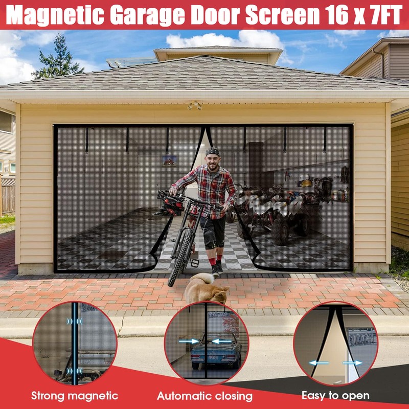 Magnetic Garage Door Screen 16 x 7ft for 2 Cars Heavy-Duty Garage Net Fiberglass