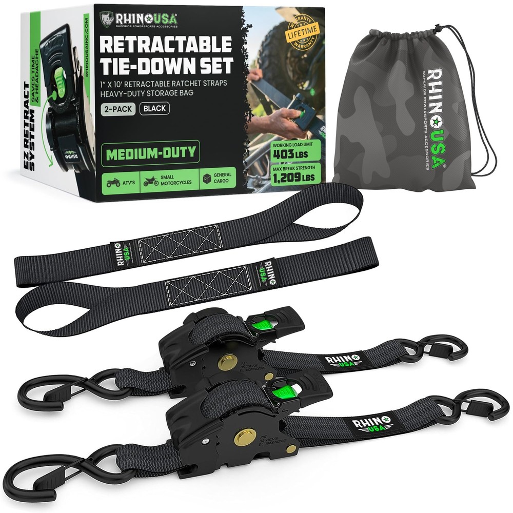 Rhino USA 2in x 10ft Retractable Ratchet Straps, 2 Pack, 1,000lbs Working Load