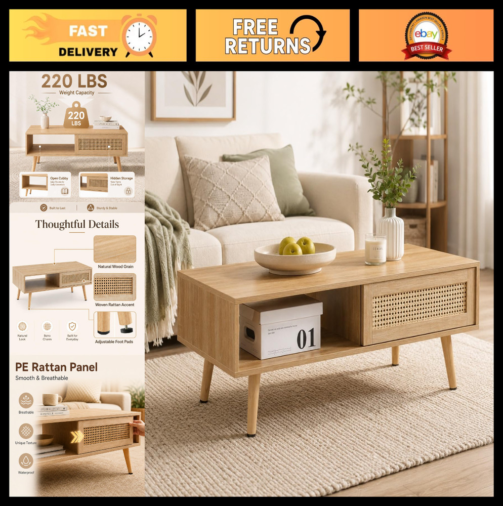 Modern Boho Rattan Coffee Table with Sliding Storage, 41.34» Rectangular Wood C