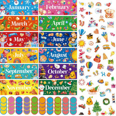 112 PCS Holiday Monthly Headliners, 12 Months of The Year Bulletin Board Decors