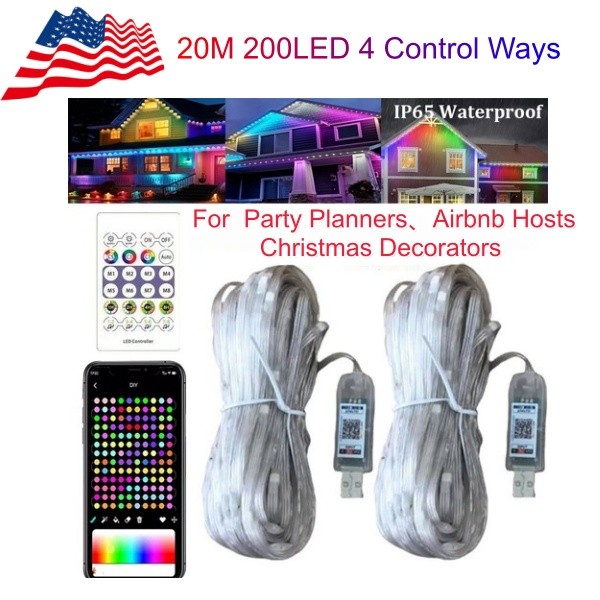 APP & Voice Control Smart Outdoor LED Strip Lights 20M RGBIC Permanent for Party