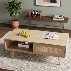 41.34″ Rattan Coffee Table Sliding Door for Storage Modern Table for Living room
