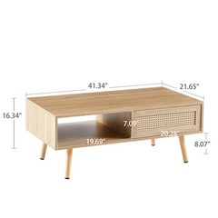 41.34″ Rattan Coffee Table Sliding Door Modern Table Storage, Solid Wood Legs