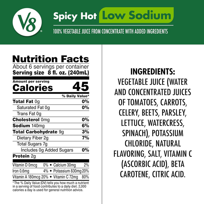 V8 Low Sodium Spicy Hot Vegetable Juice 46 oz Bottles – 6 Pack gallery