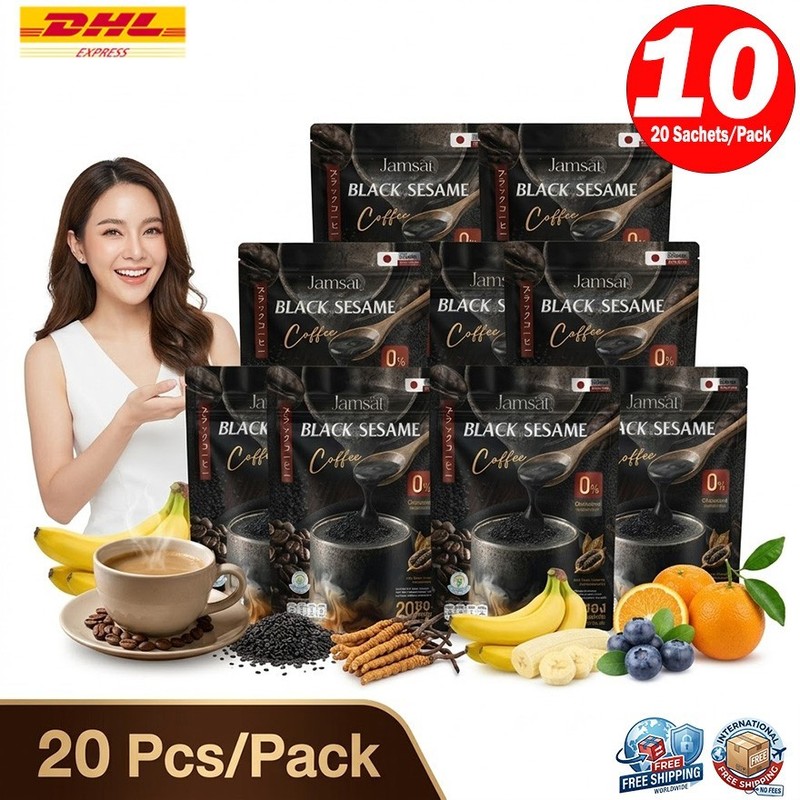 10 Jamsai Black Sesame Coffee Powder Drink 0 Sugar Fat Nourish Good Shape Health
