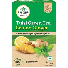 Organic India Tulsi Green Tea Lemon Ginger 25 Tea Bags | Supports Digestion