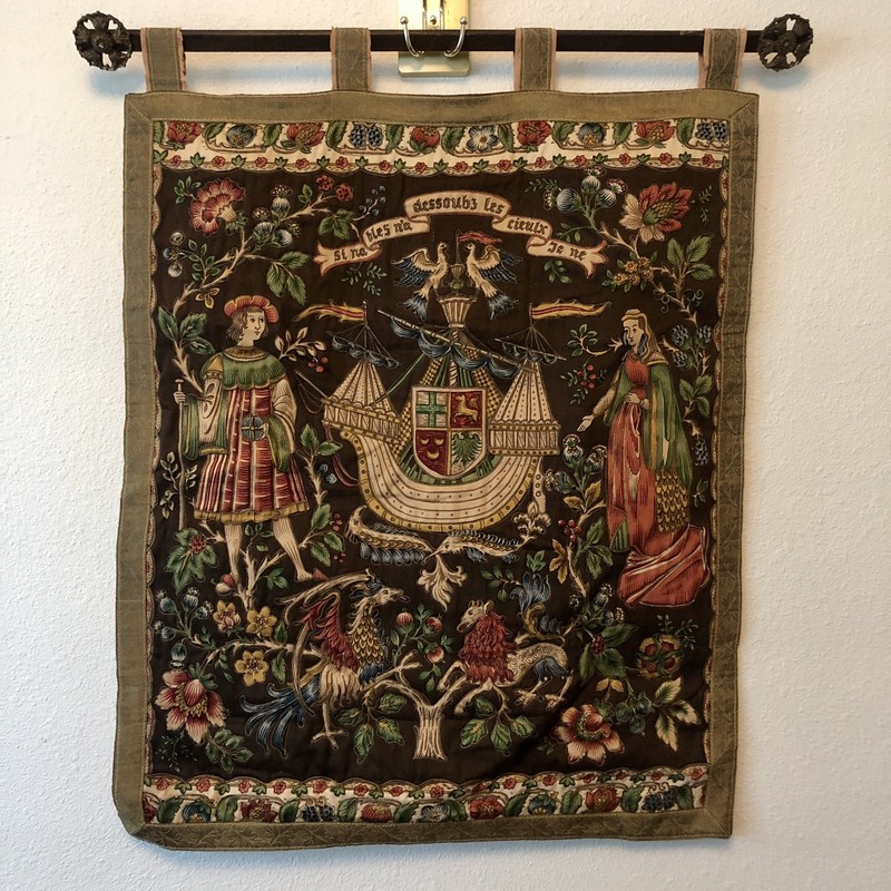 Vintage French Wall Hanging Decor Tapestry Fabric Panel Barques des Amours 24×28
