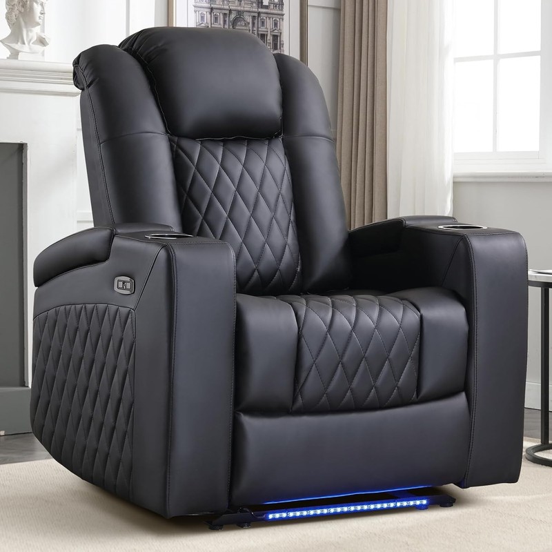 Canmov PU Leather Power Recliner Chair with USB Port and Cup Holders, LED Light