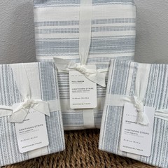 POTTERY BARN HAWTHORN STRIPED COTTON DUVET COVER QUEEN CHAMBRAY + 2 STND SHAMS