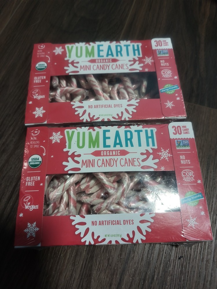 Yum Earth Organic Peppermint Candy Cane 30 Count Allergen Free Holiday 2 Pack