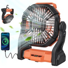 Ventilador portátil de camping 5200 mAh con luz LED, silencioso y recargable