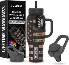36oz Insulated Stainless Steel Tumbler Handle Straw 3 Lids Leakproof