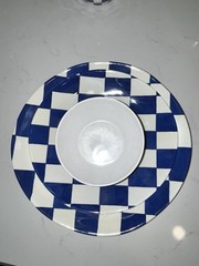 12-NWT PIECE ROYAL BLUE CHECKERED DESIGN MELAMINE PLATES BOW SET