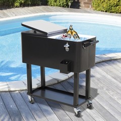 Outdoor 80 Quart Portable Rolling Patio Steel Party Cooler Cart Ice Chest Black