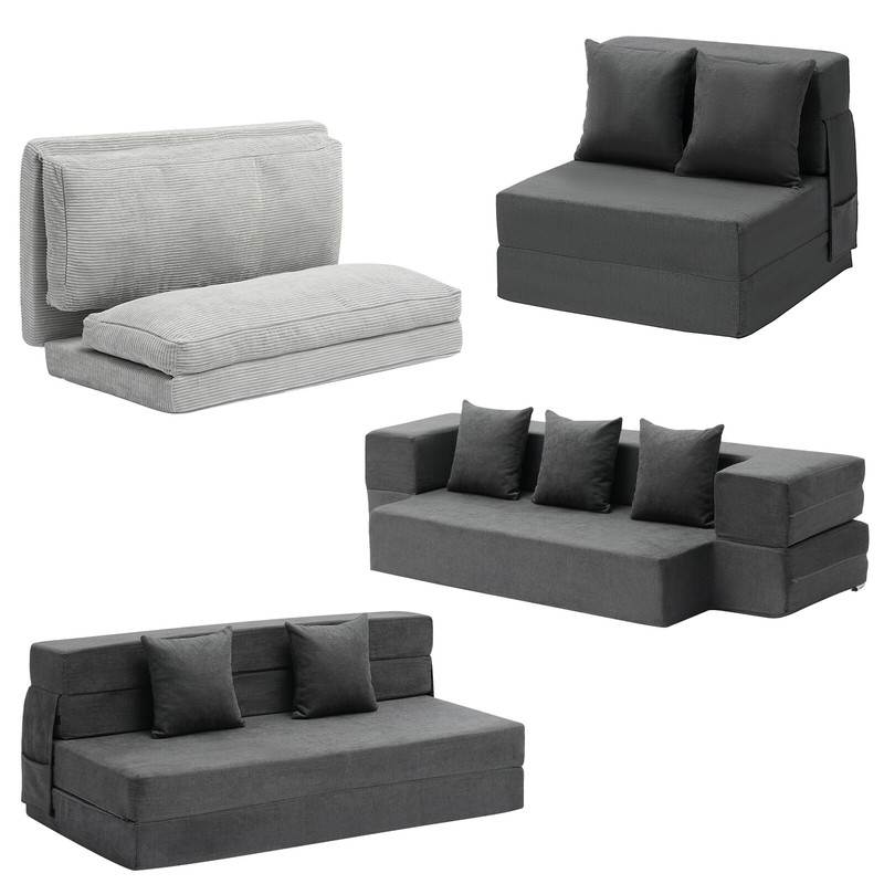 Folding Sofa Bed 3-in-1 Foldable Couch Bed with 2/3 Pillows/Washable Cover Grey