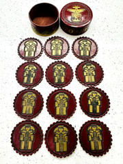 Vintage Set of 12 Round Coaster Colombia Leather Incan Mayan Native Design