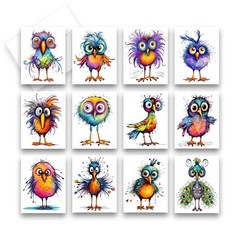 12 Assorted All Occasion Greeting Cards Blank with Envelopes – Funny Birds