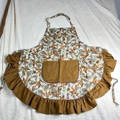 Handmade Apron Acorns & Pinecones Beige Tapestry with Pockets & Brown Frill