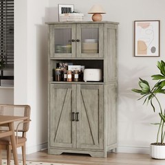 Kitchen Pantry Cabinet w/Glass Doors & Shelves,Farmhouse Storage Cabinet Modern
