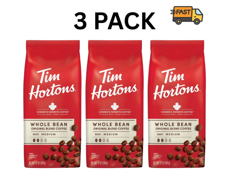 Tim Hortons Medium Roast Coffee Beans Whole Bean 12oz Organic Arabica 3 Pack