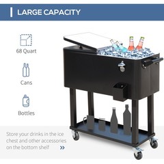 Outdoor 80 Quart Portable Rolling Patio Steel Party Cooler Cart Ice Chest Black
