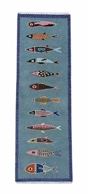 Hand Knotted Fish Runner Rug – Handmade Wool Area Rug, Coastal Blue