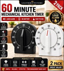 2 Pack Kitchen Timer 60 Min Loud Alarm Mechanical No Battery Easy Use