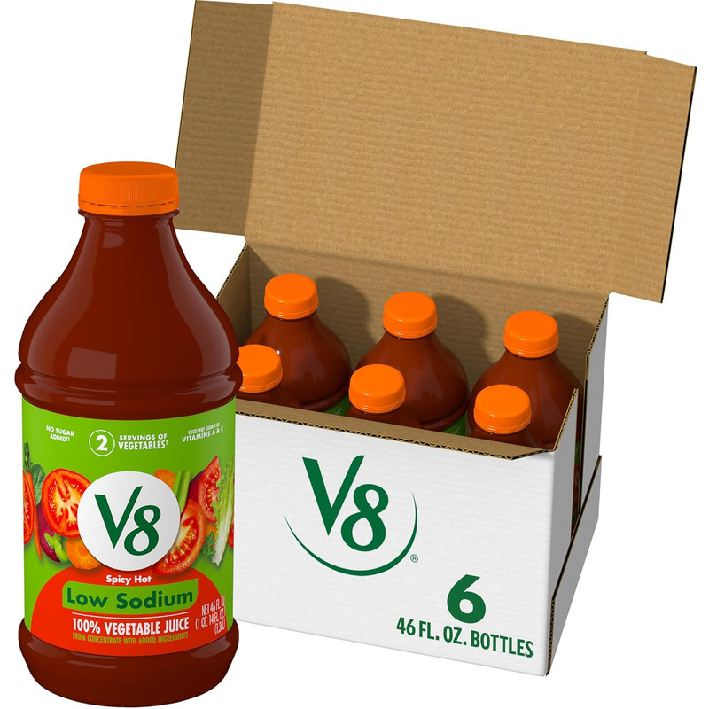 V8 Low Sodium Spicy Hot Vegetable Juice 46 oz Bottles – 6 Pack