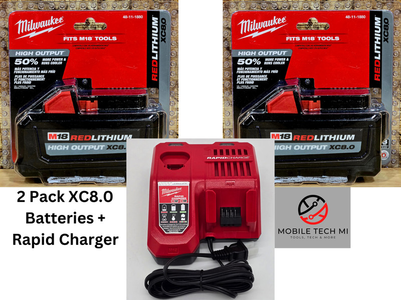 Genuine Milwaukee M18 2 Pack XC8.0 HIGH OUTPUT 8.0 Ah Battery w/ Rapid Charger