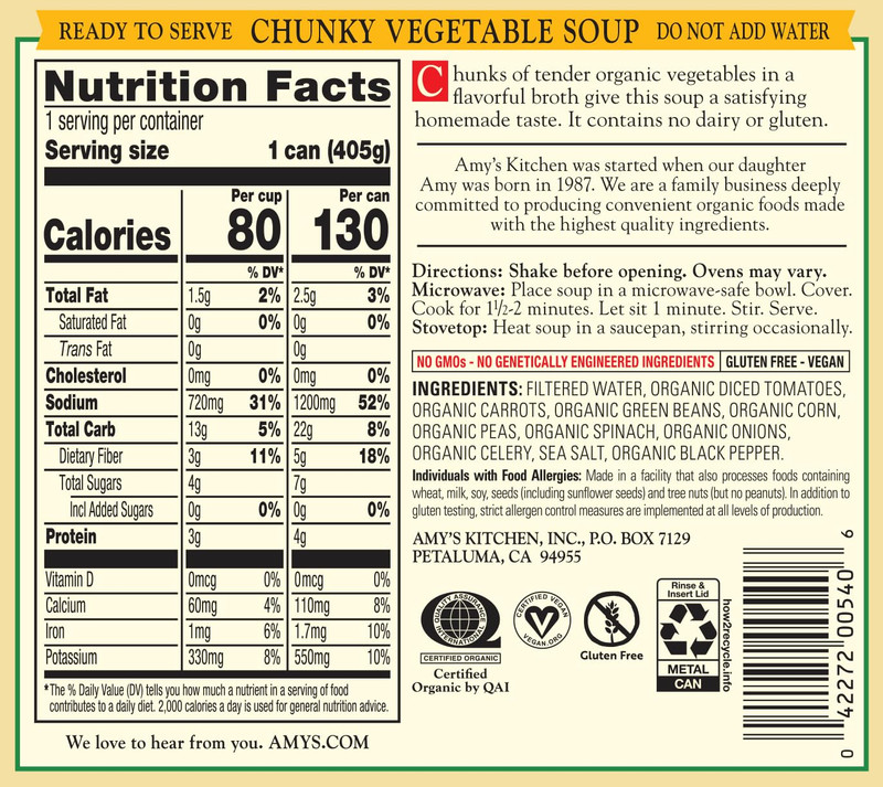 Amy'S Soup, Vegan, Gluten Free, Organic Chunky Vegetable, Low Fat, 14.3 Ounce (P gallery