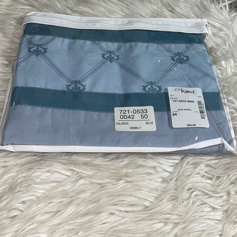 JCPenney Home Valance blue scroll 84×9”