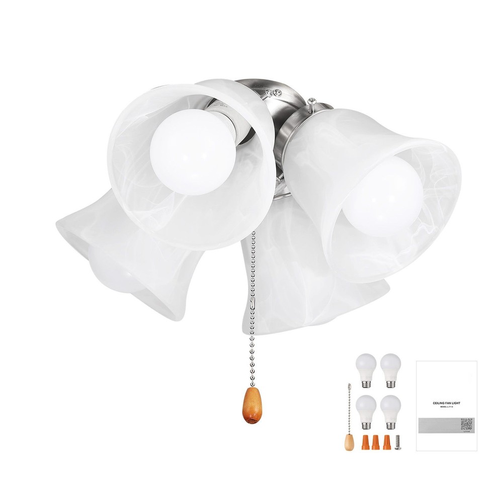 Brushed Nickel Fan Light Kit, 4-Light, 3000K, 750lm, Alabaster Glass, 10.3in W