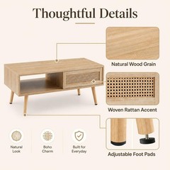 Modern Boho Rattan Coffee Table with Sliding Storage, 41.34» Rectangular Wood C