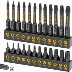 Torx Bit Set, 24-Piece S2 Steel, 1″ & 2.3″ Long T5 – T40, Security, Tamper Resis
