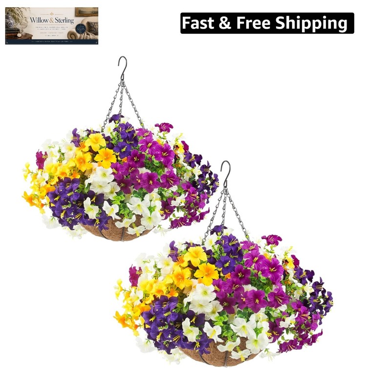 2 Set Artificial Outdoor Flowers with Hanging Baskets,24 Pcs UV Resistant Fau…