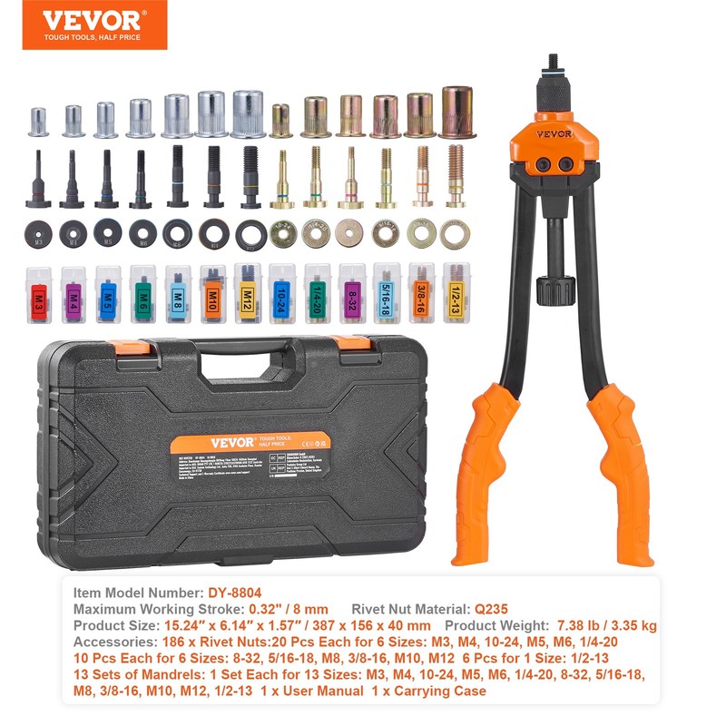 VEVOR Rivet Nut Tool 16in Rivnut Tool Kit 13 PCS Mandrels and 186 PCS Rivet Nuts gallery
