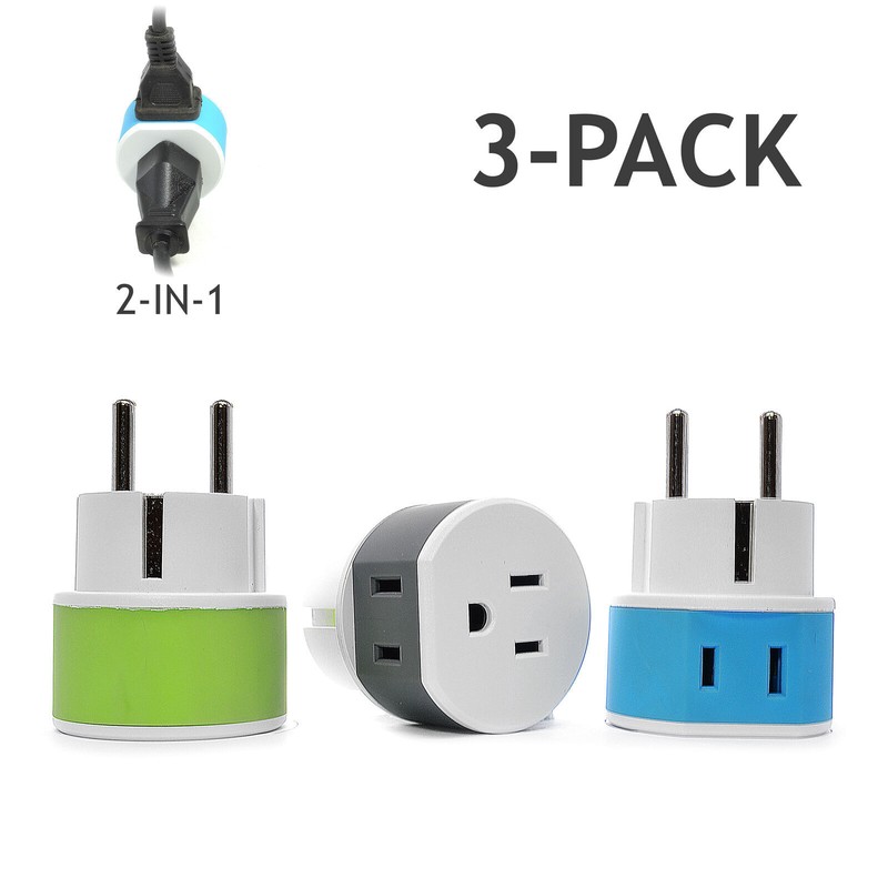 OREI Germany, France Travel Plug Adapter – 2 USA Inputs – 3 Pack- Type E/F