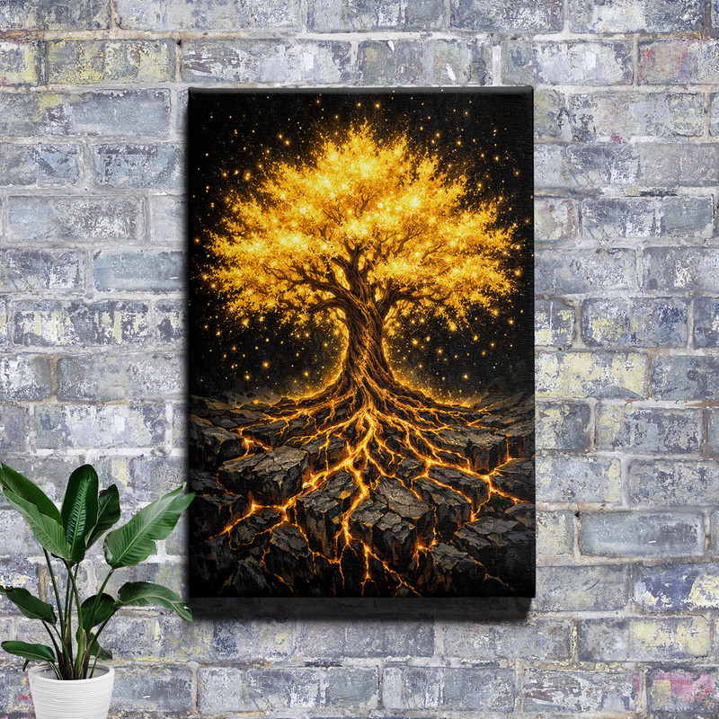 Golden Tree of Life Radiant Glow Wrap Around Framed Canvas Wall Art