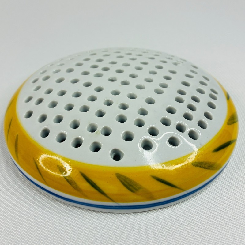 Round Ceramic Flower Frog Holes Arranger Holder White Yellow Blue Tuscan Italian