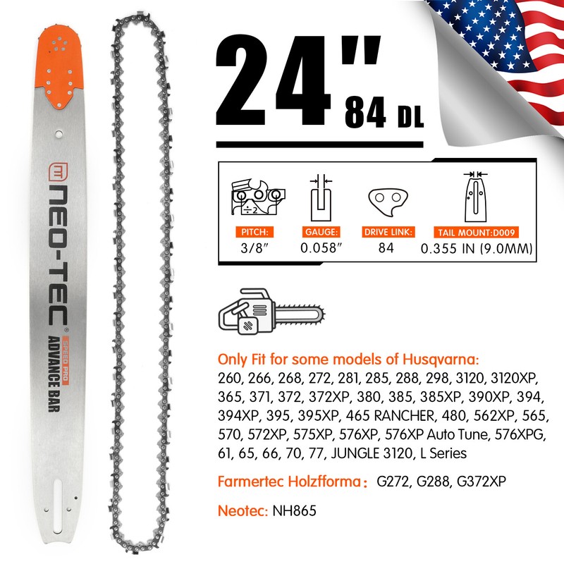 24″ Chainsaw Guide Bar 3/8» 0.058″ 84DL Chain For Husqvarna 365 372 390 394 395