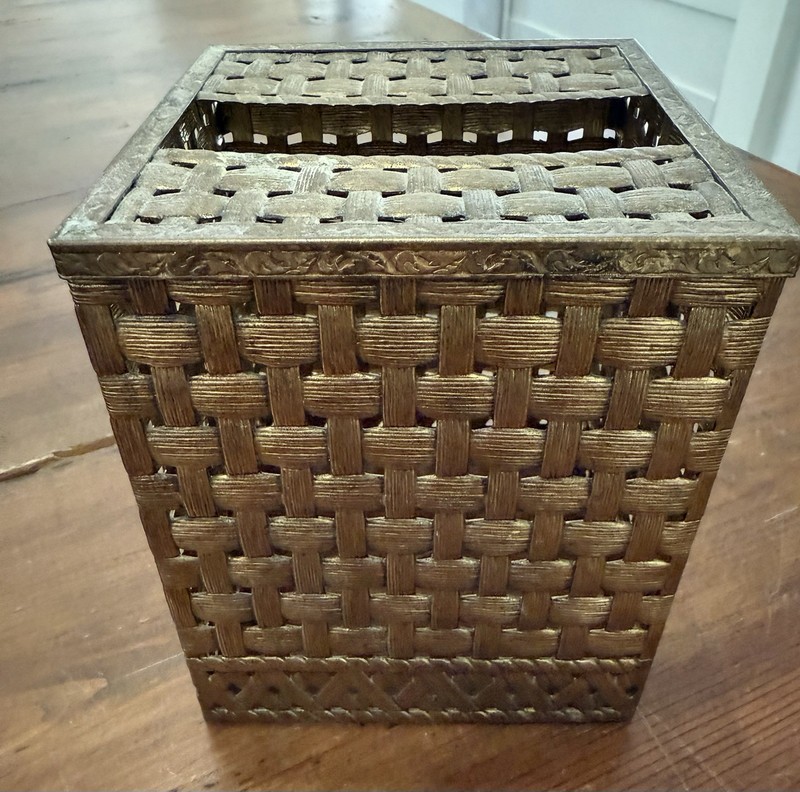 vtg hollywood regency Gold Metal Basket weave Design Square Tissue Cover