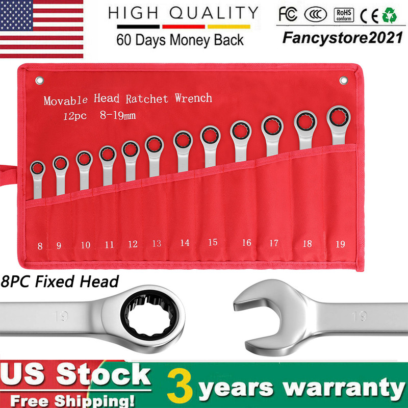 12Pc 8-19mm Metric Fixed Head Ratcheting Wrench Combination Spanner Tool Set